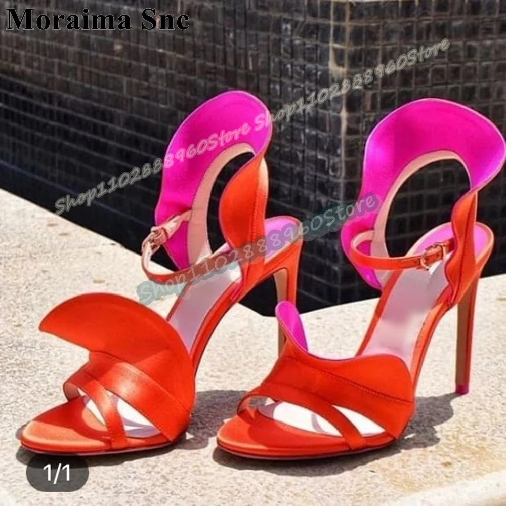 

Orange Satin Ruffles Strap Sandals Stilettos High Heel Women Shoes Ankle Buckle Strap Open Toe Party Trending Zapatos Para Mujer