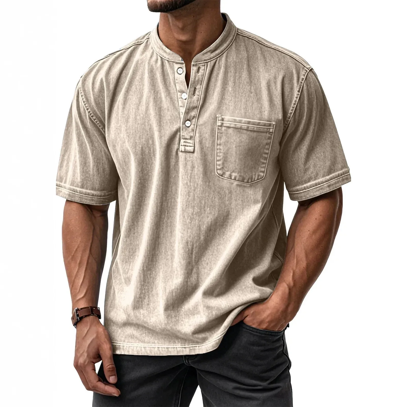 Immagine 4: Camicia Casual a Maniche Corte, Vestibilità Ampia, Stile Casual Leggero e Maturo, con Stampa Estiva, Tasca, Colletto Polo, per Uomo