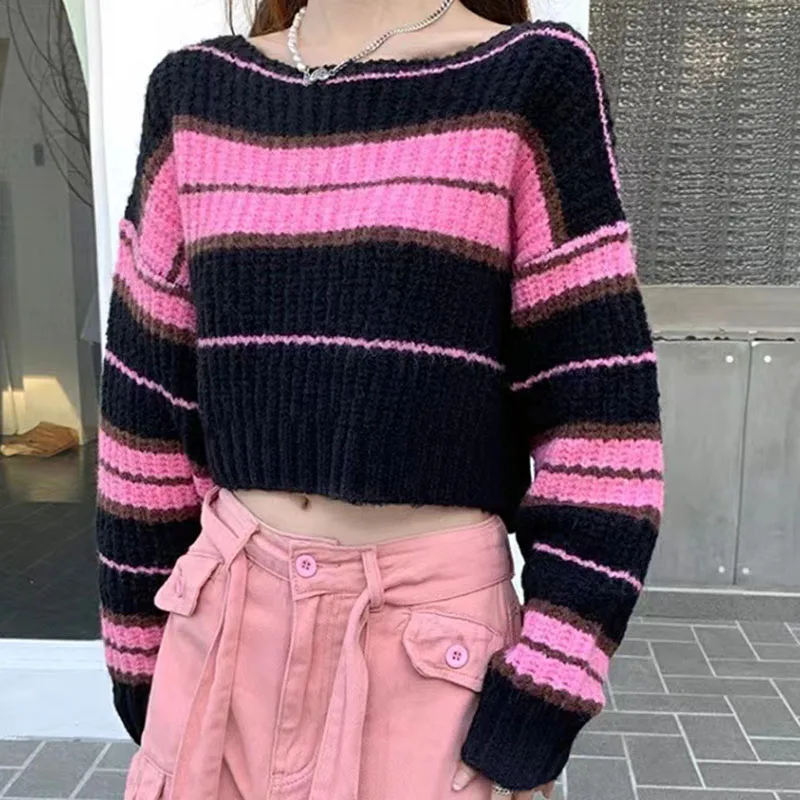 Y2K Pink Striped Cropped Sweater Women Fashion Korean Long Sleeve O Neck Jumper Loose Streetwear Hot Girl Knitting Pullovers