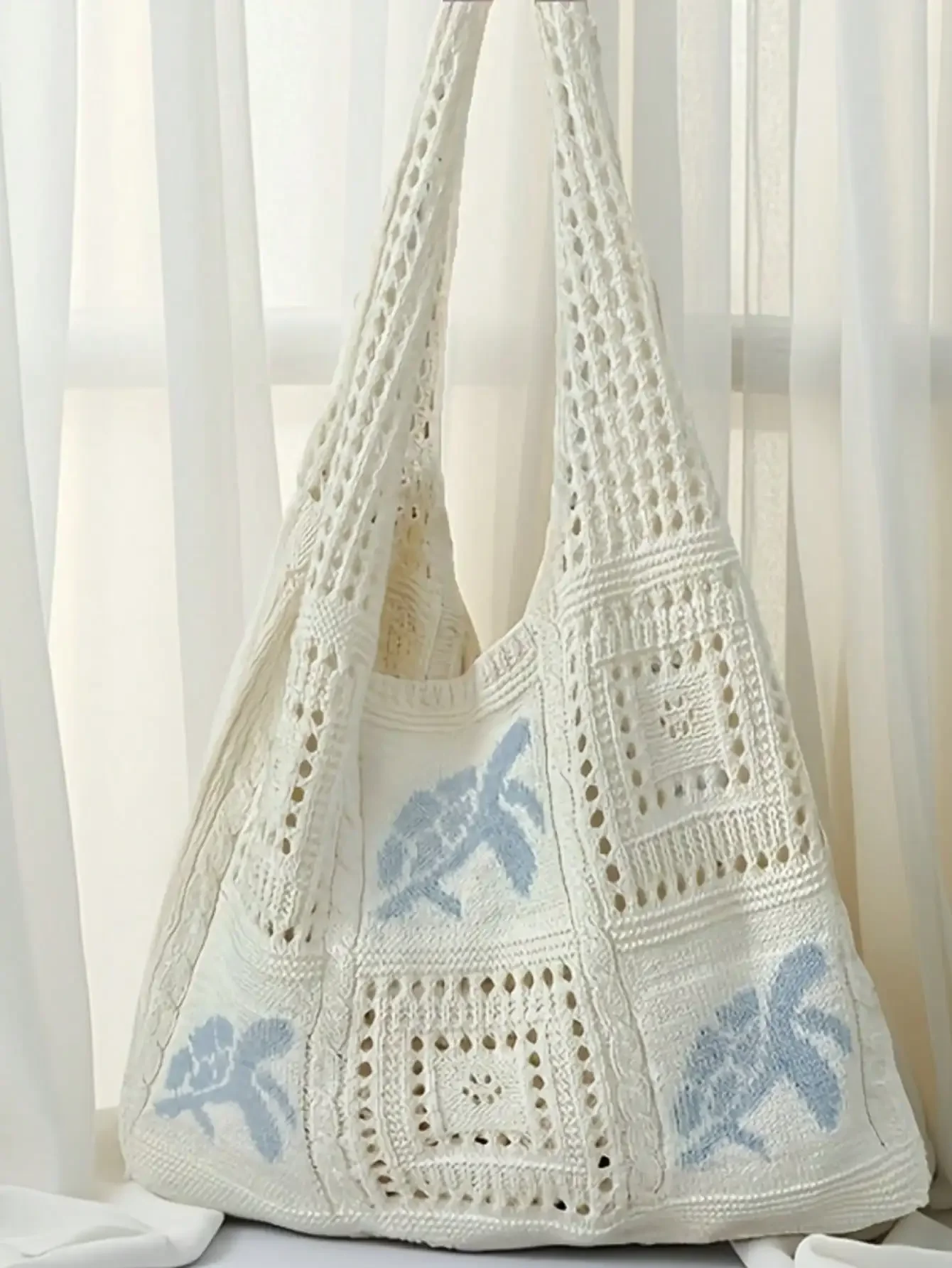 

Women's Summer Beach Tote Bag - Crochet Design With Sea Turtle Pattern, Large Capacity Open-Top Tote, Beige Polyester, Suitable For Casual Outings