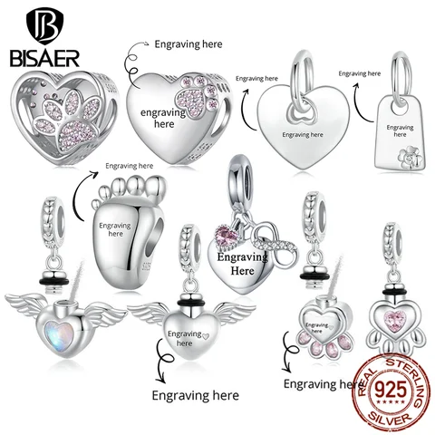BISAER Engraved Dangle Custom Charm 925 Sterling Silver Heart Beads Pet Paw Memorial Urn Ashes Pendant Fit Women DIY Bracelets