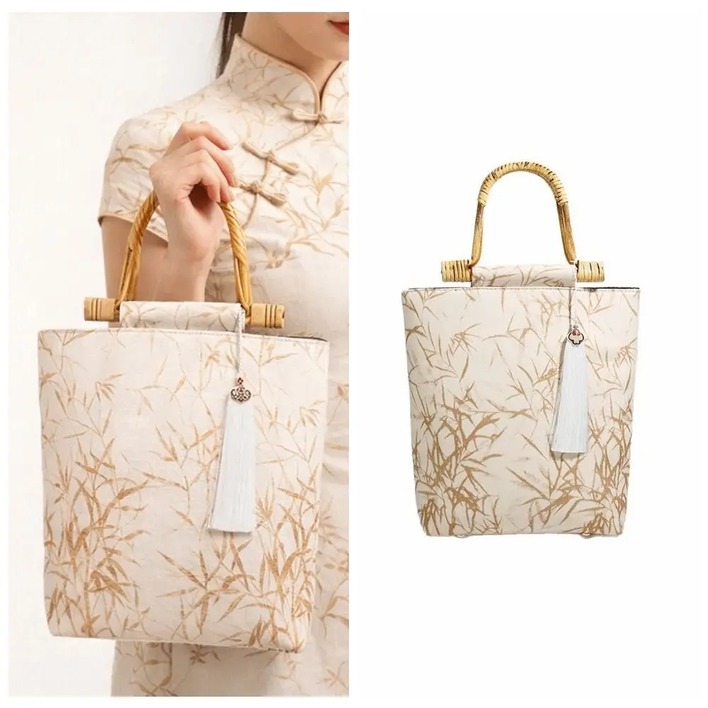 

Canvas Jacquard Tote Bag Bamboo Joint Large Capacity Chinese Style Handbag Hand-held Cheongsam Accessories Hanfu Underarm Bag