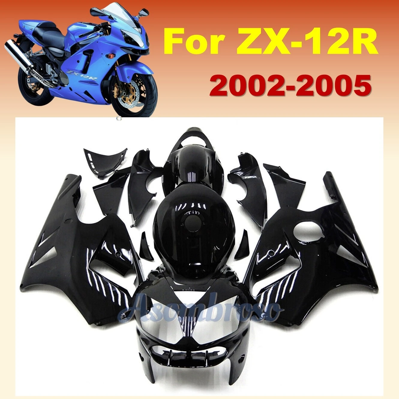 All Black ABS Injection Fairing kit for Ninja ZX12R 2002 2003 2004 2005 ZX-12R 02 03 04 05 Full tank cover Fairings set