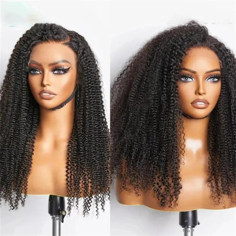 Peruca longa e encaracolada dianteira do laço para mulheres, cabelo macio do bebê, preto natural, densidade 180, resistente ao calor, sem cola, sintético diariamente, 26"