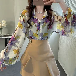 Women's Clothing Chic Floral Print Chiffon Shirt Summer Elegant Fashion Lantern Sleeve Polo-neck Blouses Casual Loose Button Top