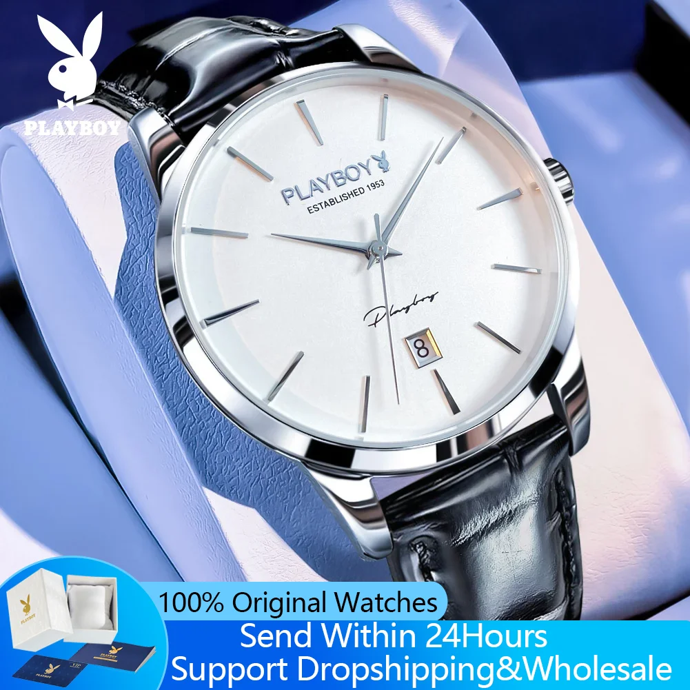 PLAYBOY 2604 Mechanische Herrenuhr Minimalistische Luxus Original Herrenuhren Elegante Mode Lederarmband Geschäftsuhr für Männer