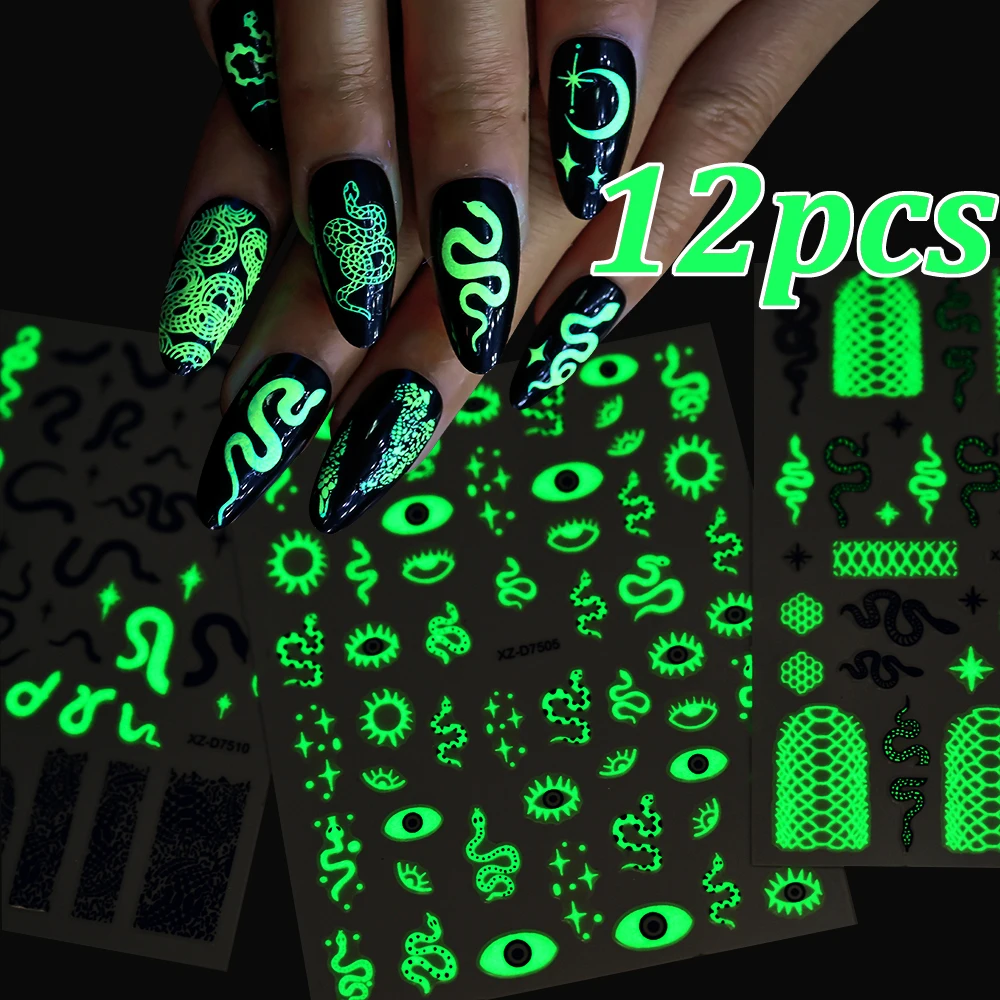 

12Pcs/set Luminous Snake Design Nail Sticker 3D Lighted Halloween Serpent Nail Decals Supplies Y2K SelAdhesive Nail Sticker Deco