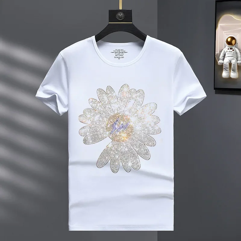 Plus Size 8XL Fashion Rhinestones T Shirts Men Summer Casual Streetwear Short Sleeve O Neck Slim T-shirt Man Camisetas De Hombre