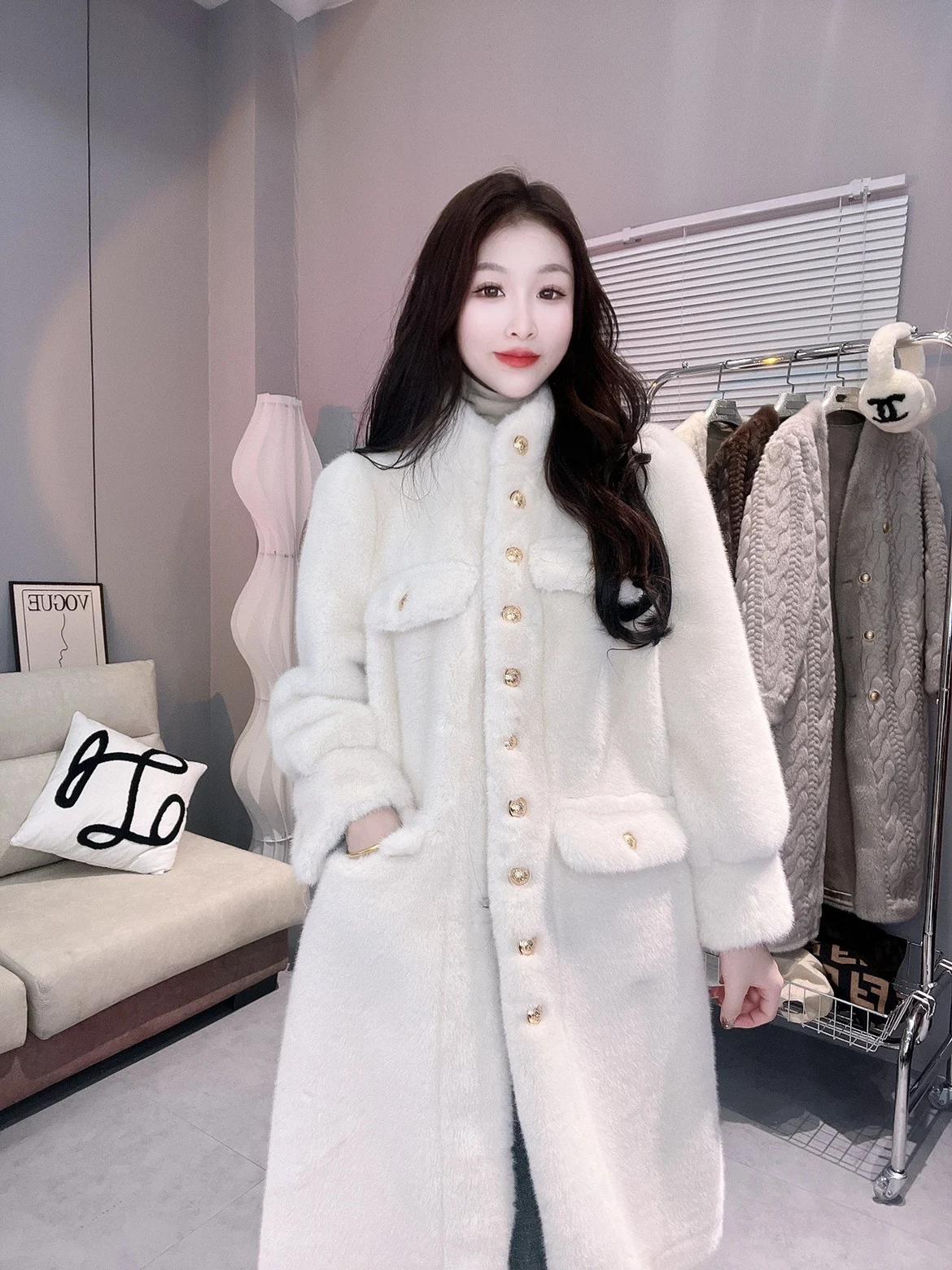 New Arrival Women Winter Mink Cashmere Overcoat Puff Sleeve Elegant Goddess Long Fur Coat Single-breasted Stand Collar Jackets