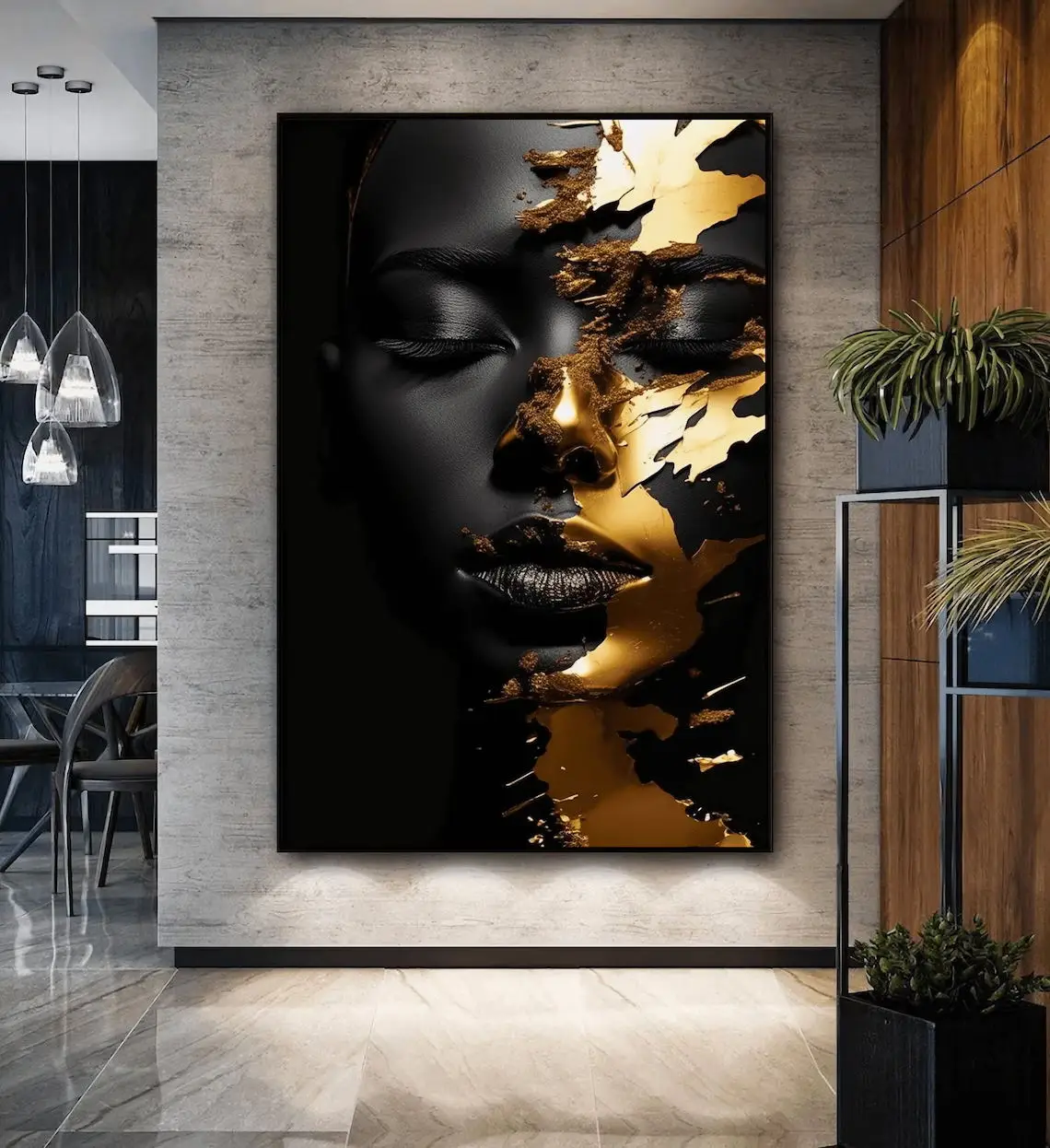 Moderne afrikanische Frauen, goldene Leinwandkunst, Posterdruck, Leinwand-Wandkunst, für Wohnzimmer und Schlafzimmer, Heimdekoration