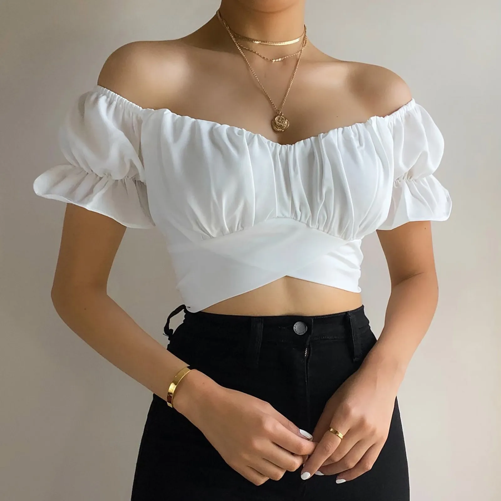 Puff Sleeve Off Shoulder Crop Tops Women Sexy Solid Short Sleeve Tube Blouse Tops Loose Casual Clubwear Summer Shirt Y2k Cropped