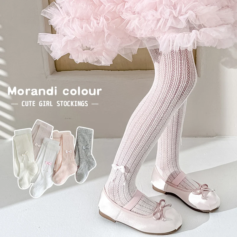 Kids Summer Ice Silk Mesh Footed Tights With Tassel Beaded Satin Bow Breathable Cool Light Soft Stretchy Elastic Waist Pantyhose