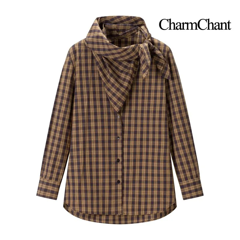 CHARMCHANT Women Plaid Tie Neck Blouse Long Sleeve Bow Collar Checkered Shirt Loose Fit Vintage Style Autumn Shirt 2026