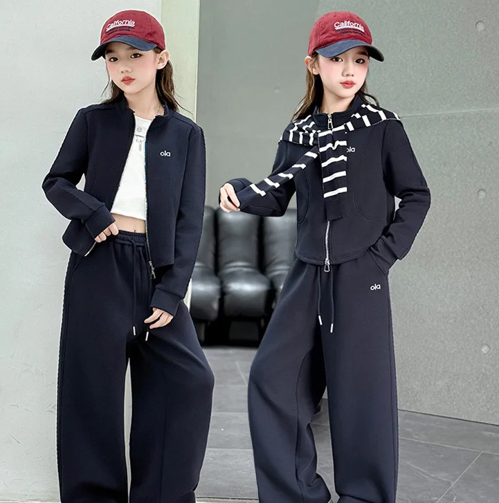 

Осенние детские комплекты для девочек, пальто на молнии с вышивкой букв + спортивные штаны на шнурке + комплект для маленьких девочек, спортивный комплект из 3 предметов с длинными рукавами для маленьких девочек