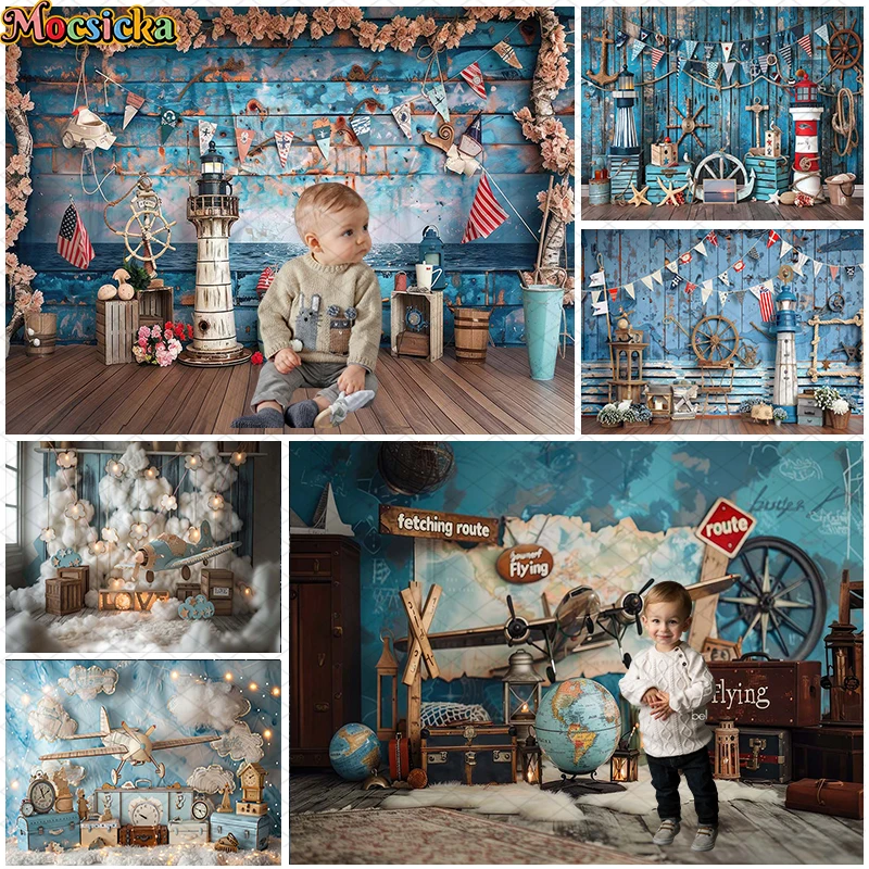 Mocsicka Photography Backgrounds Flight Nautical Around The World Cake Smash Birthday Party Decor Backdrop Photo Studio