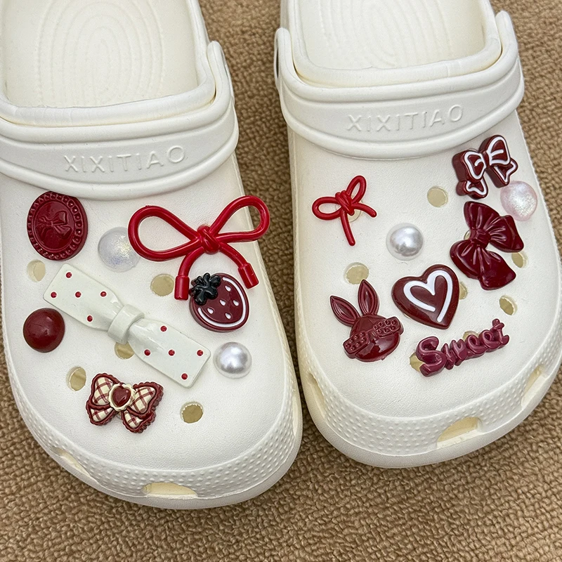 Sweet Red Bowknot Star DIY Clogs Sandals Decorations Pearls Chain Shoe Charms Set Crystal Flower Shoes Detachable Chain Buckle