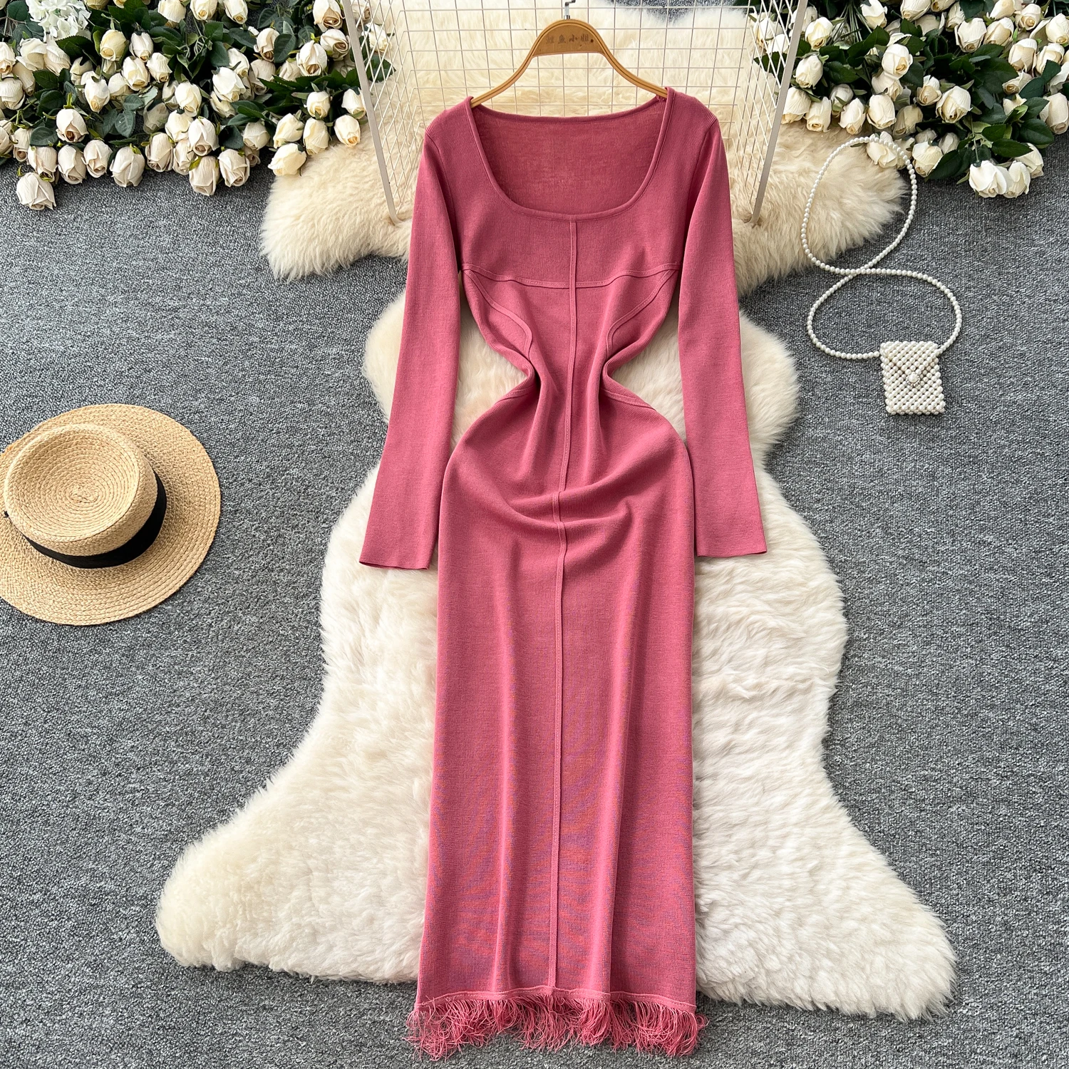 시크한 빈티지 태슬 장식 긴팔 니트 슬림핏 우아한 요정풍 한국 패션 보헤미안 선드레스 여성 의류 드레스