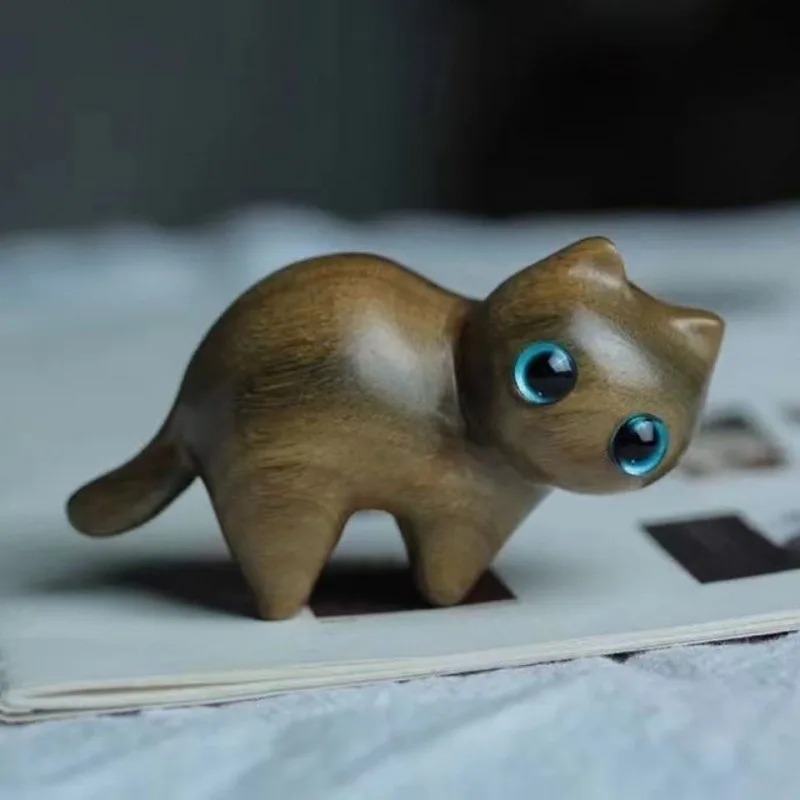 Green Sandalwood Carved Cute Kitten Hippo Figurine Mini Wooden Wenwan Hand Play Craft Birthday Gift Desktop Collectible Ornament