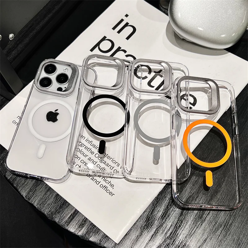 

Fashionable Magnetic Metal Large Hole Lens Holder Phone Case For iPhone 15 14 13 Pro Max High Transparency Backboard Rear Cover
