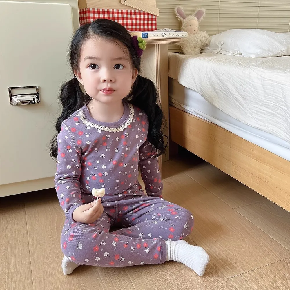 طقم بيجامة بناتي مزين بالزهور - ملابس نوم طويلة للربيع والخريف وسراويل طويلة ناعمة ودافئة للأطفال ملابس منزلية لطيفة للأطفال (قطعتان)