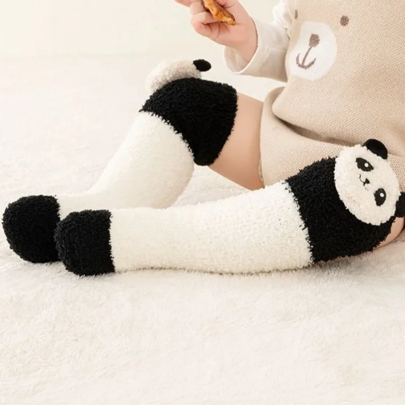 귀여운 판다 강아지 디자인 코랄 플리스 두꺼운 따뜻한 롱 스타킹 가을 겨울 아동용 양말