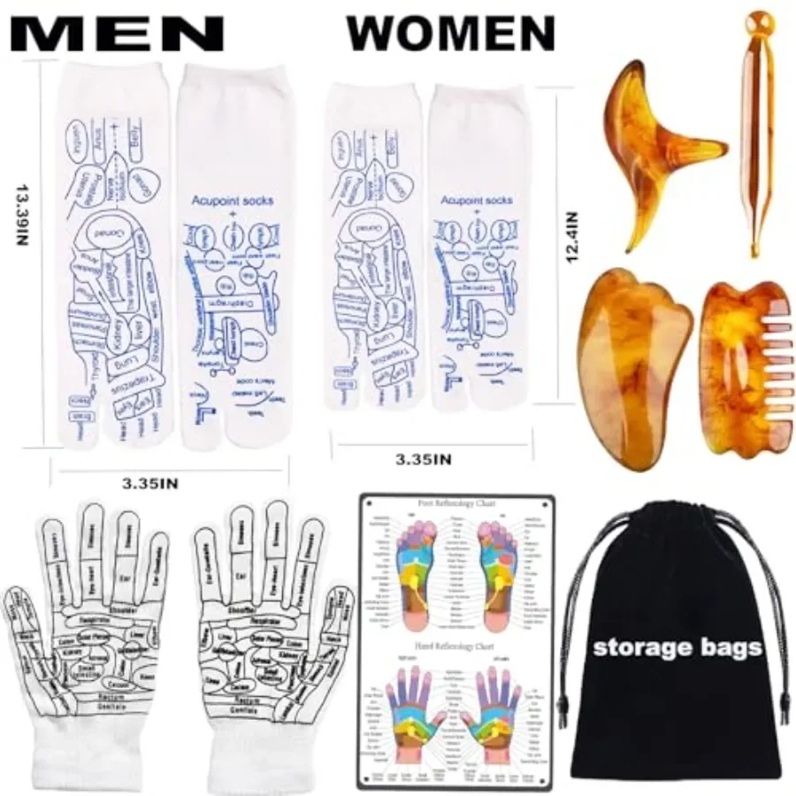 Reflexology Socks with Gloves Tools Set for Foot Massage Therapy at Home or Office Includes 4pc Trigger Point Massage Tools Des