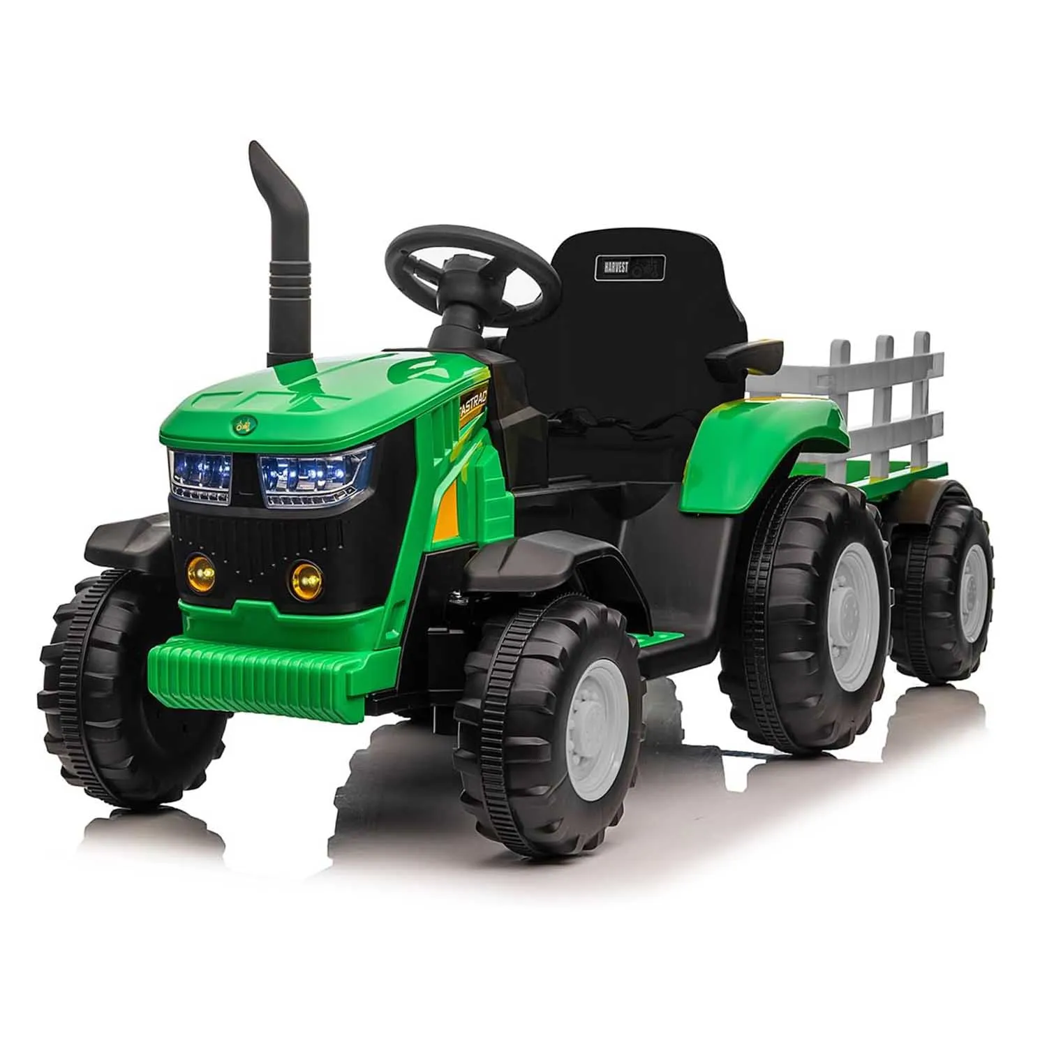 12V elektrische tractor met aanhangwagen, muziekhoorn en USB-functies, kindervoertuig met koplampen, geschikt voor kinderen