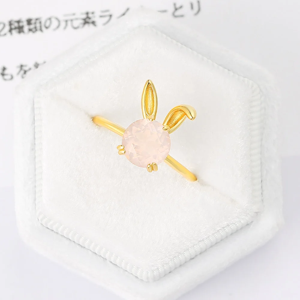 لامون الطبيعية روز كوارتز خاتم الأحجار الكريمة للنساء أرنب جميل 925 خاتم فضة 14K مطلية بالذهب غرامة مجوهرات هدية RI123