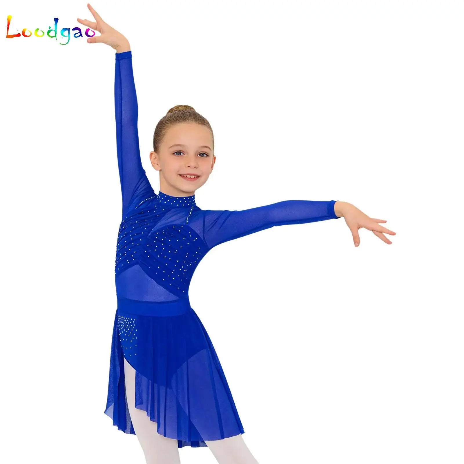 

Kid Girls Gymnastics Figure Skating Ballet Lyrical Modern Dance Competition Costume Long Sleeve Ruched Rhinestone Bodysuit Dress