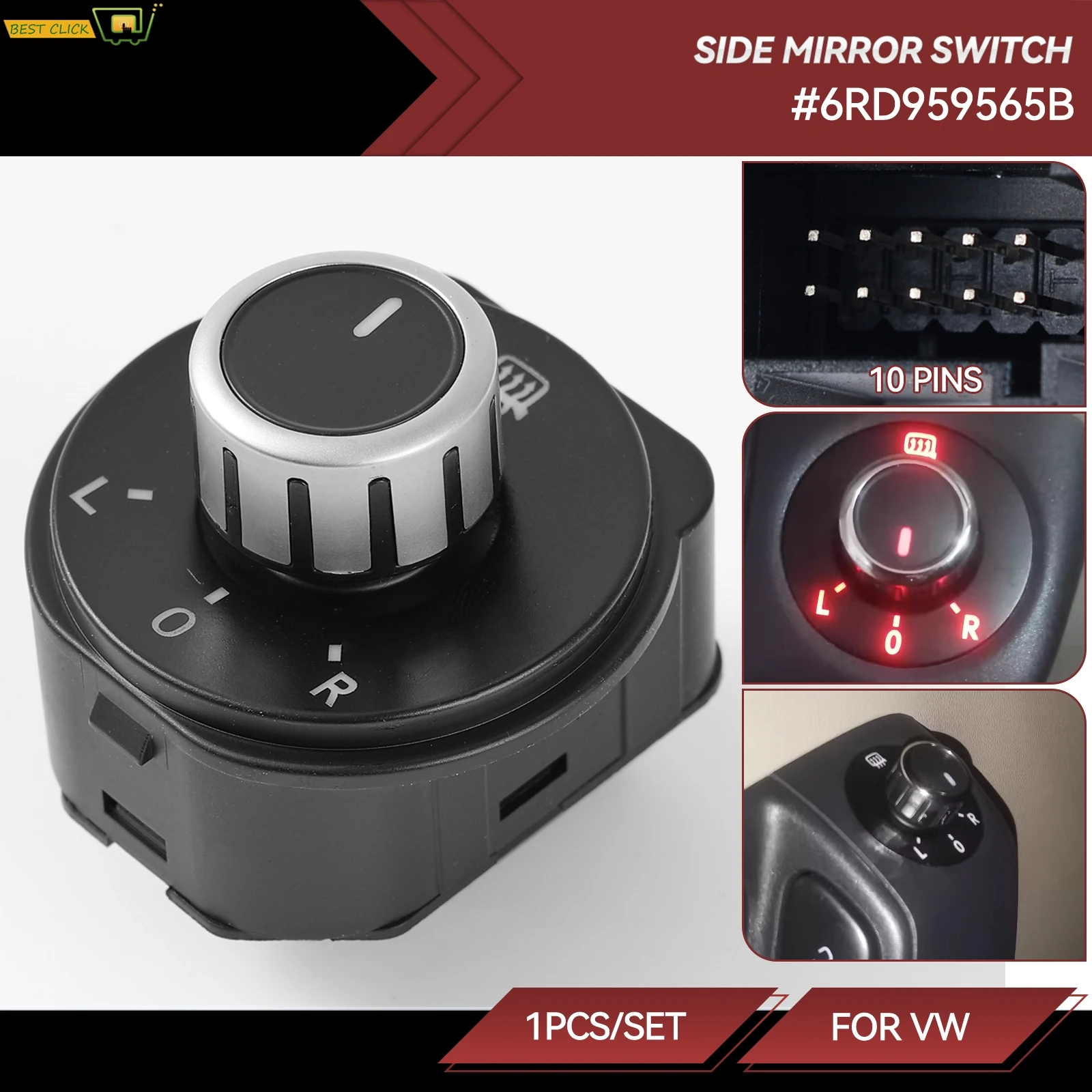 

Car Chrome Electric Wing Mirror Adjust Knob Switch Chrome for VW Volkswagen Polo 6R 2011-2016 Hatchback 6RD 959 565B 6RD959565B