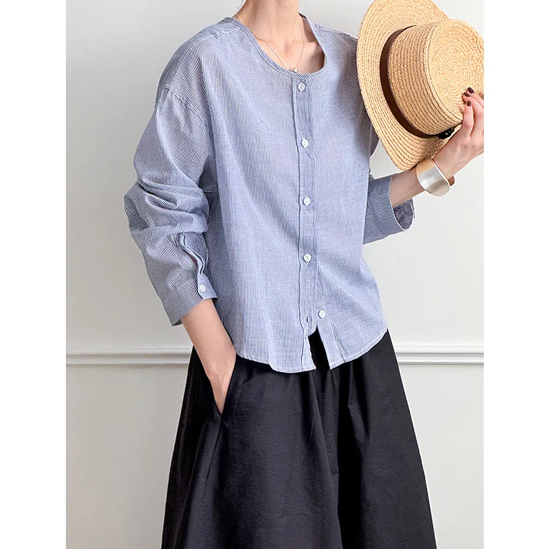 

Summer women's long sleeved sunscreen shirt, Korean casual loose striped shirt, elegant women's shirt 2025 new