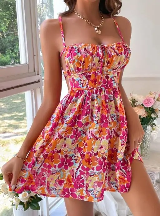 

Slimming Women's Dress with Fresh and Sweet Summer Style, Floral Print Square Neck Backless Lace Up Dress Suitable for The Beach
