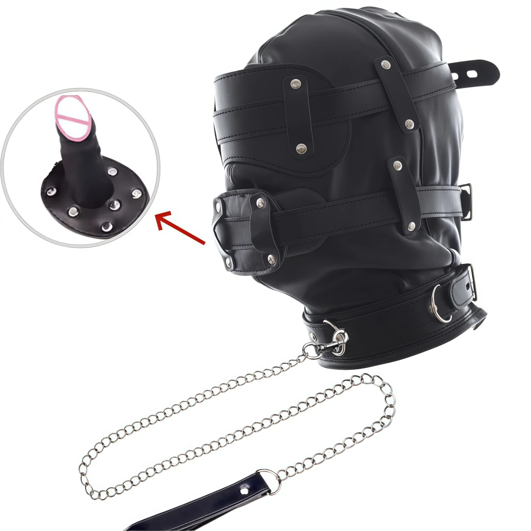 PU Leather BDSM Bondage Hood Sensory Deprivation Mask With Blindfold Removable Dildo Gag Lockable Head Harness Sex Toys  Couples
