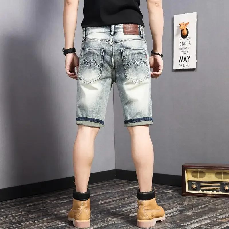 남성용 스트레이트 스키니 데님 반바지, 찢어진 슬림 그래픽 롱 숏 청바지, 버뮤다 하프 포켓, 럭셔리 신상품
