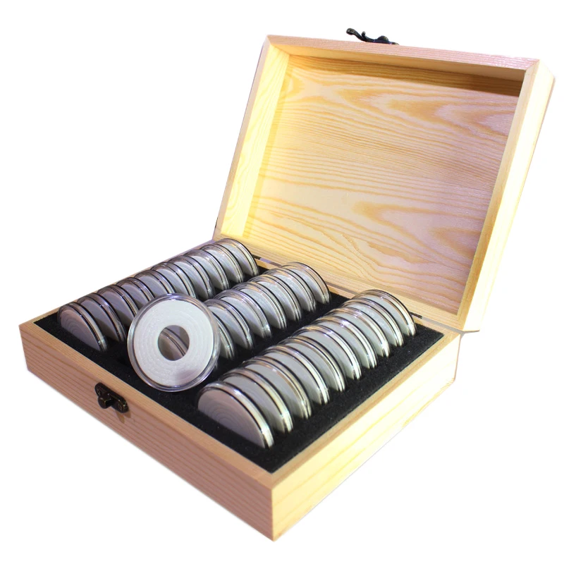 ABWR-Wooden Coin Display Storage Box Case For Coin Collectible With 30 Capsules Coins Display Box