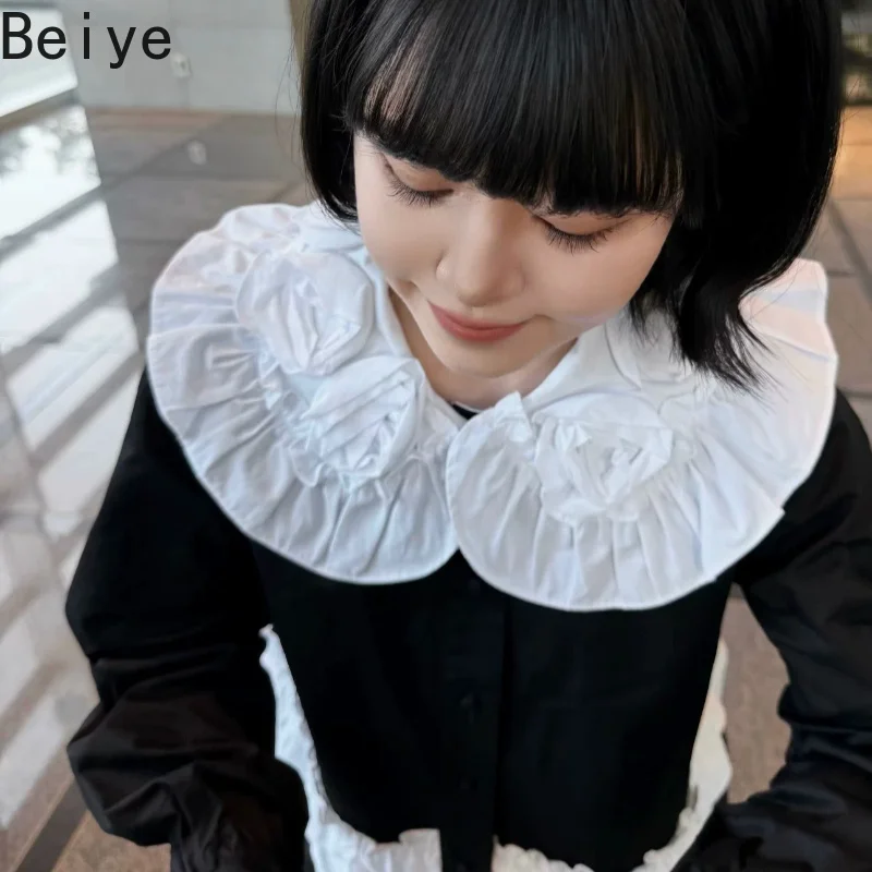 Sweet Women Long Sleeve Jacket 3D Floral Applique Big Ruffle Collar Coat Female Contrast Layered Ruffle Vintage Party Jacket