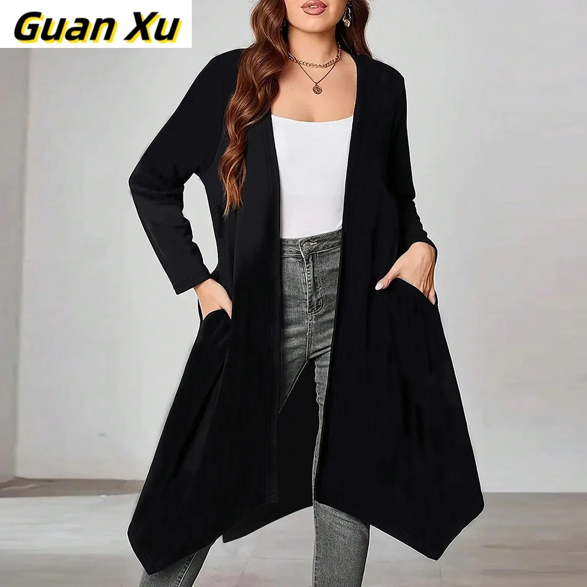 

European and American spring and autumn women's clothing irregular hem medium and long solid color long-sleeved casual jacket