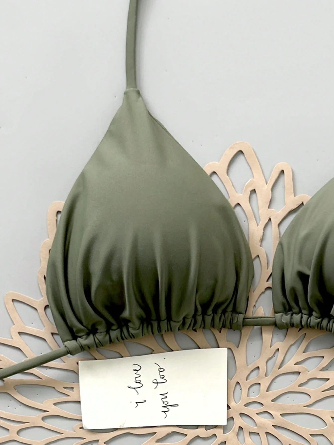 

Оливково-зеленый однотонный комплект бикини с треугольными завязками для женщин, для пляжного отдыха