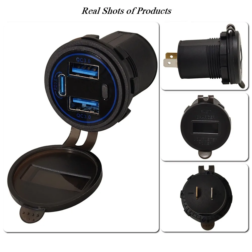 

Автомобильное зарядное устройство PD3.0 и QC3.0 с двумя портами USB C, водонепроницаемое со светодиодным сенсорным переключателем, 60 Вт, быстрая зарядка 12 В/24 В для автомобиля, мотоцикла
