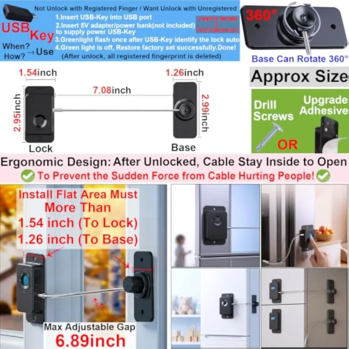 Fingerprint Fridge Lock No Drill 20-User USB Key 2-Pack