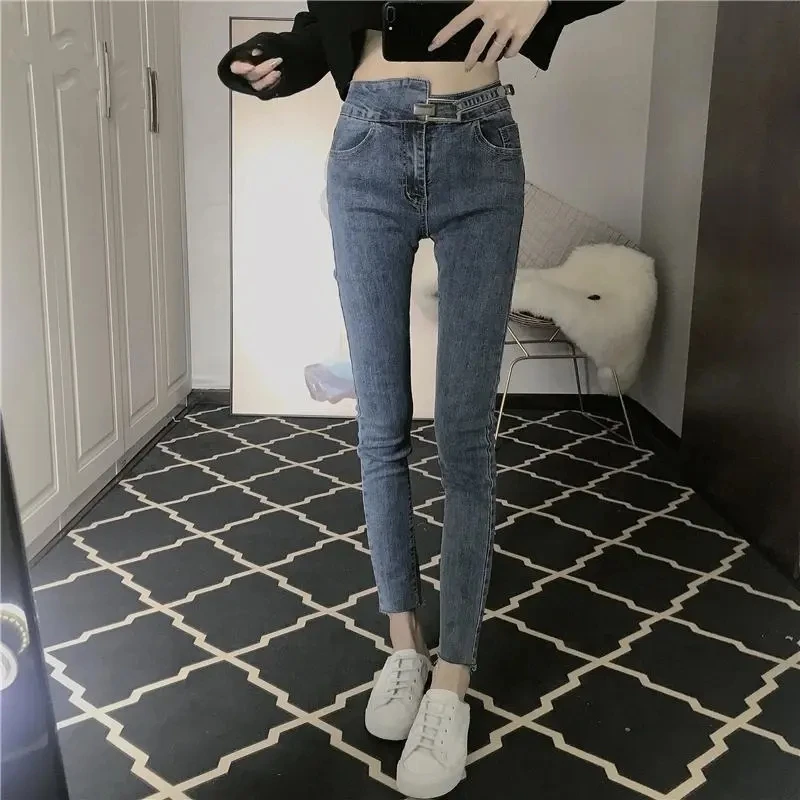 Spodnie jeansowe w stylu koreańskim damskie denimowe spodnie damskie 2022 wysokie zwężone cienkie legginsy Skinny spodnie Vintage dla młodej damy