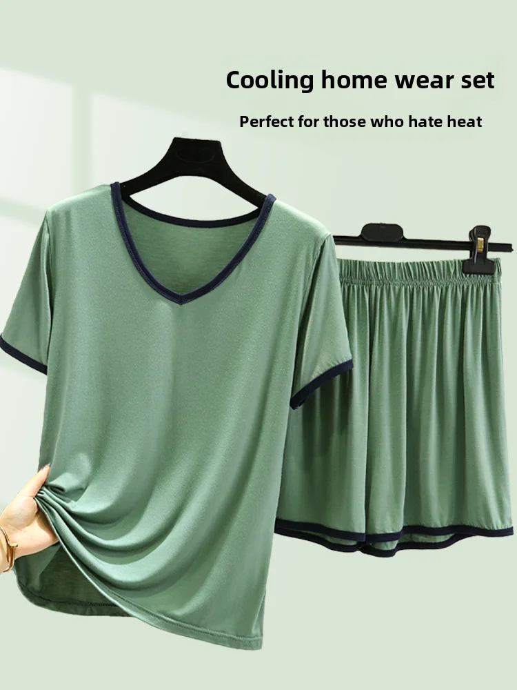 

Modal Short Sleeve Shorts Summer Thin Home Clothes Outdoor Beach Wear Loose Large Size V-Neck Air Conditioned Sleepwear Set