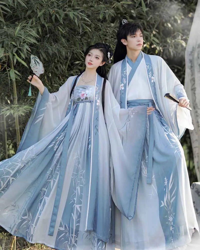 Chinese Hanfu Costume Men&Women Halloween Carnival Cosplay Costume Couples Party Outfit Ancient Blue Printed Hanfu Dress Large