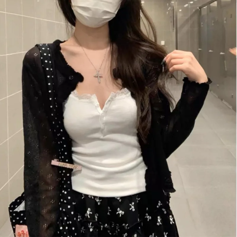Cardigan Tops Women Korean Popular Hollow Out Thin Sun Protection Knitted Crop Sweaters Summer Chic All-match Loose Long Sleeve