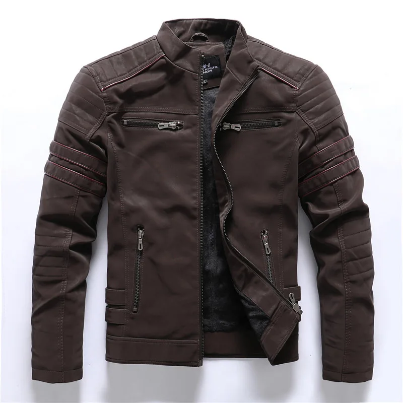 Winter lederen motorjas heren fleece warm causaal motorfiets borduurwerk pu jassen multi-pocket vintage uitloper windjack