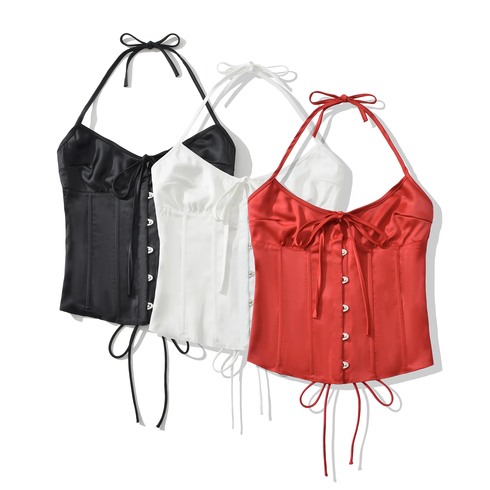 Women Y2k Lace Up Backless Halter V Neck Corset Tops Tied Front Button-up Sleeveless Cami Shirt Shapewear Fitted Vest