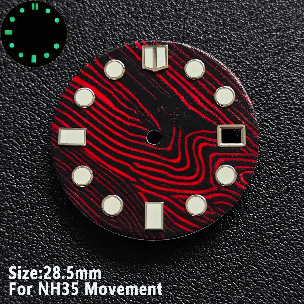 28.5mm NH35 Sea Wave Fish Scale Pattern Dial Single Calendar Green Luminous Watch Dial For NH35 Movement Watch Accessories