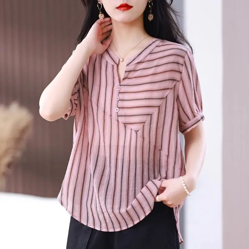 Camisa listrada de manga curta para mulheres novo decote em v chiffon topo roupas de verão da mãe elegante e elegante camisa casual