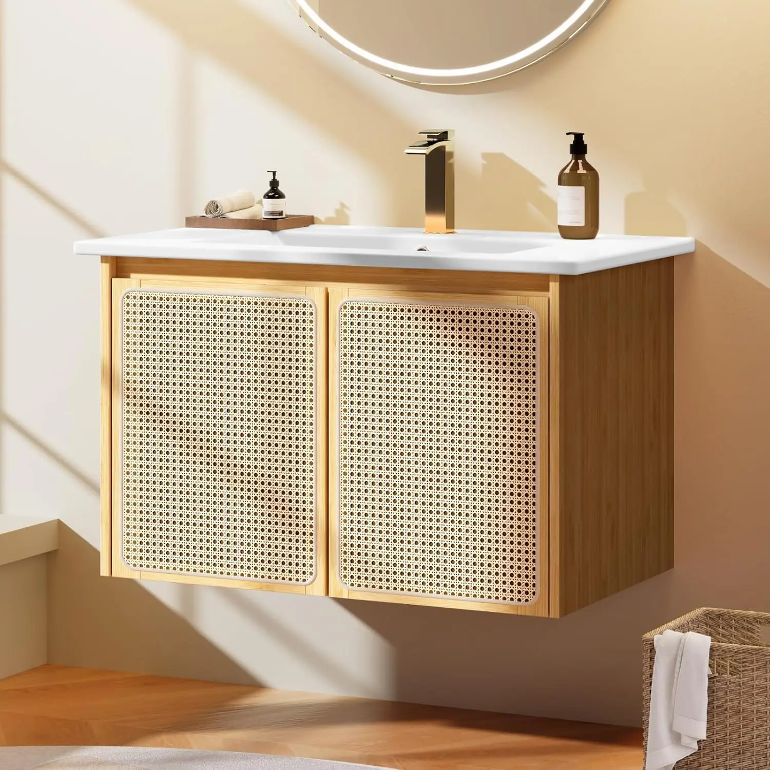 

！@Combohome High End Wash Basin Cabinet with Modern Storage Mirror with Under Sink Bathroom Cabinet Plywood Bathroom Vanity