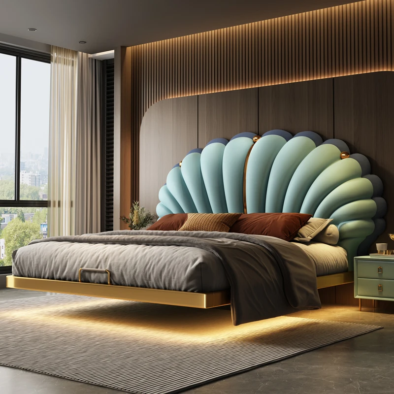 

Headboard Luxury Suspended Bed Base Frame King Size Decoration Double Bed Twin Wooden Modern Furniture For Bedroom